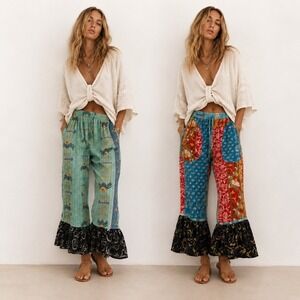 Kantha Patchwork Wide Leg Quilted Bloomer Pants OS Reversible Boho Fish Print